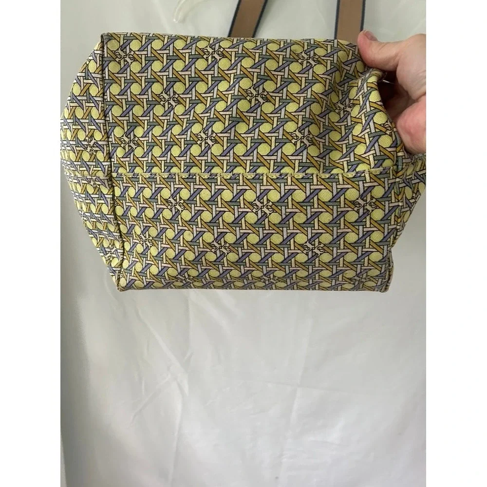 Tory Burch Ella Basketweave Tote Bag Yellow Blue Plaid Lining Canvas Leather Log